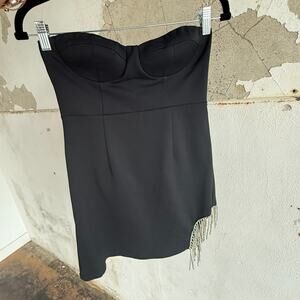 Strapless Rhinestone Fringe Mini Dress Black Bustier Style Party Outfit Size 4